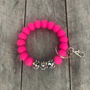 Key Wristlet Neon Pink & Rainbow Leopard